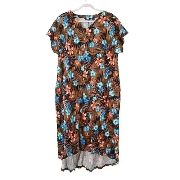 Lands End Mumu Dress Size Large 14-16 Multicolor Floral Tropical Cotton Stretch - Picture 2 of 15